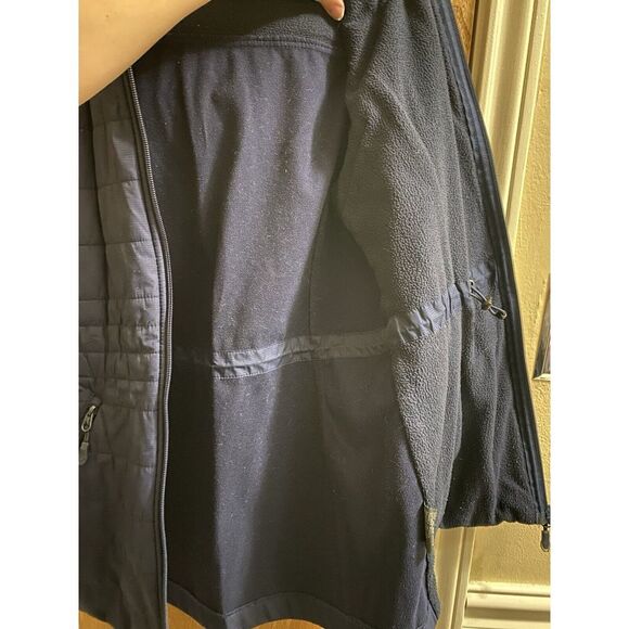 New Balance Quilted Fleece Running Jacket Navy Hooded Zip Side Pockets Sz Small - Picture 13 of 16